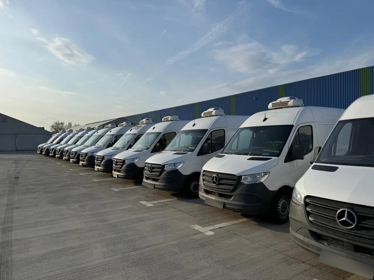 GML Transconect fleet — Mercedes-Benz Sprinter refrigerated vans lined up at the warehouse